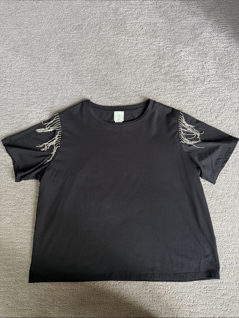 Black Short-Sleeve Top with Silver Beaded Shoulder Detail joie